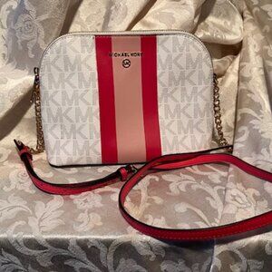 Michael Kors Jet Set Dome Crossbody – Signature Stripe White/Pink/Red | LIKE NEW